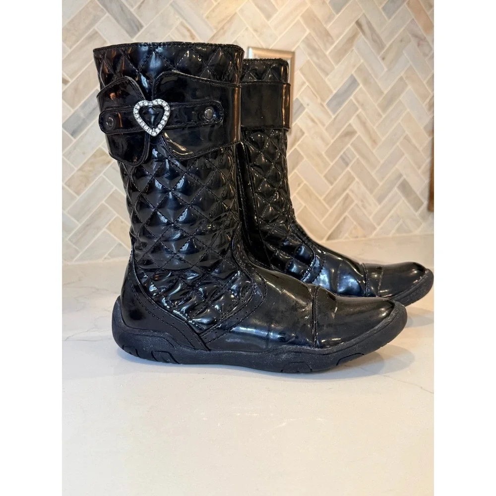 Girls Black Patent Quilted Mid Calf Boots Rhinestone Heart Buckle Size 4